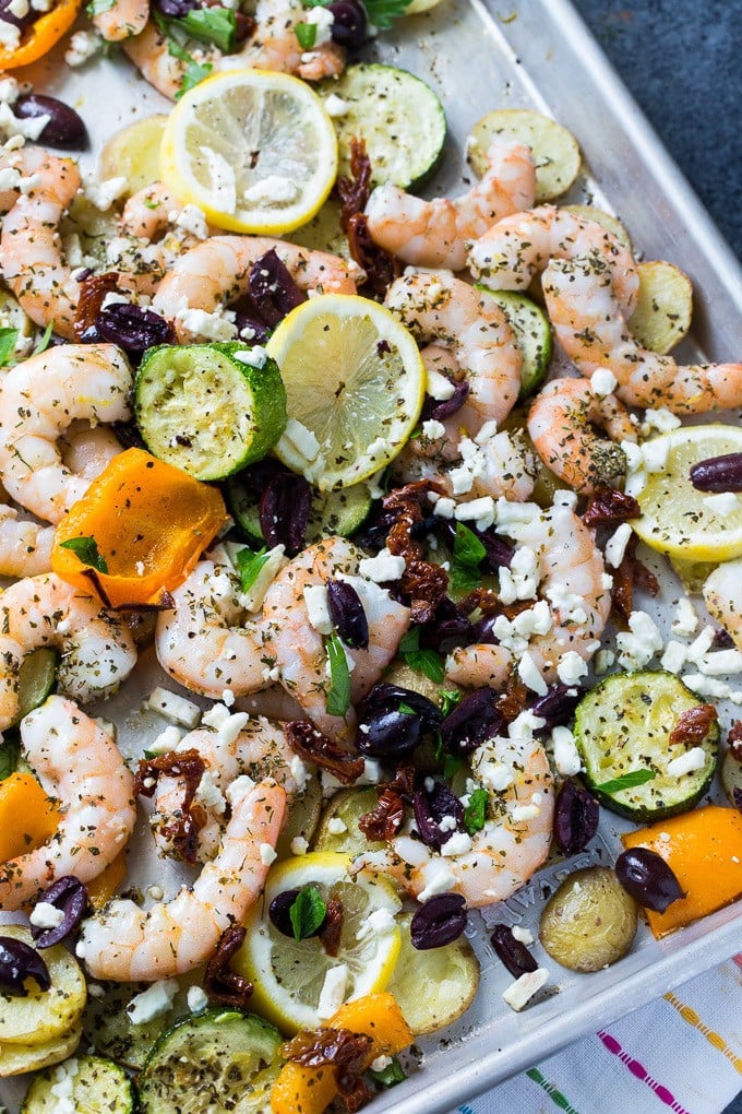 Sheet Pan Mediterranean Shrimp with zucchini, potatoes, and peppers