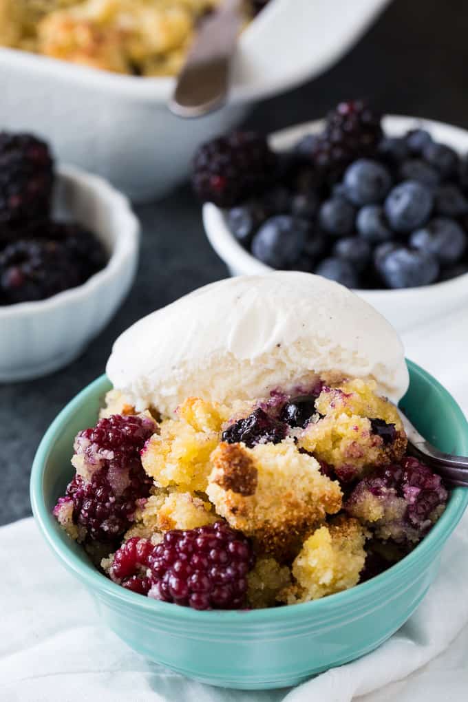 Low Carb Blackberry Blueberry Cobbler is an easy sugar-free dessert.