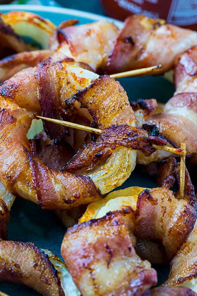 Air Fryer Bacon Wrapped Onions Rings- a low carb appetizer