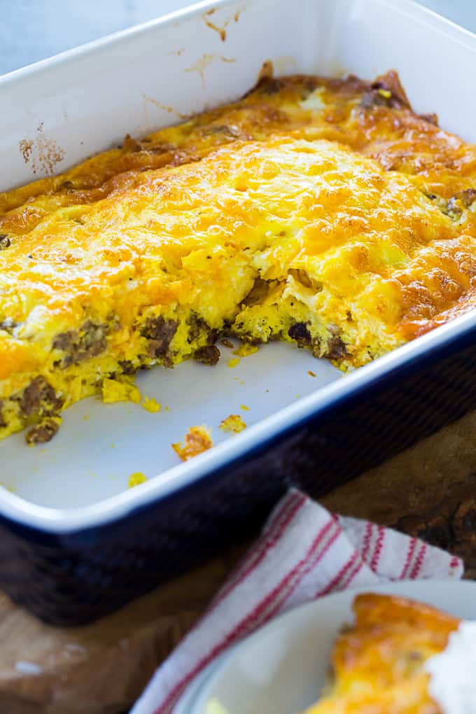 Low Carb Sausage Breakfast Casserole in 9x13-inch pan