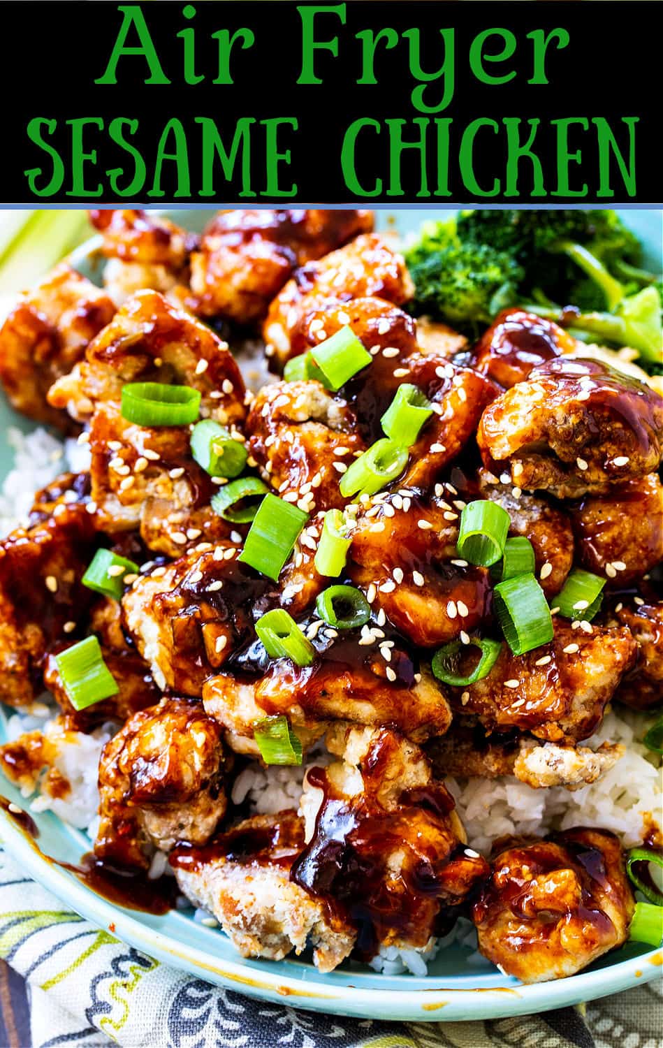 Sesame Chicken over rice in a bowl.