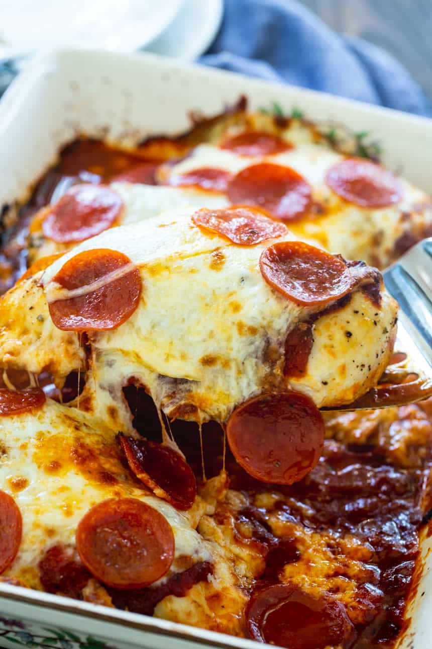 Low Carb Pizza Chicken baked in a casserole dish