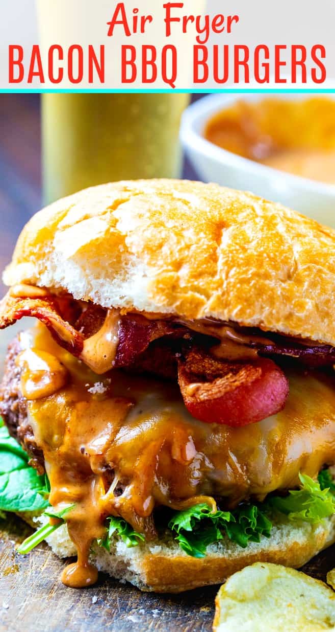 Close-Up of air fryer burger on a bun with bacon.