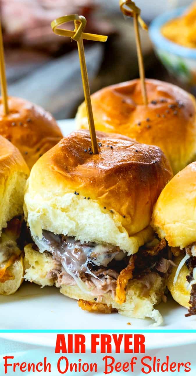Close-up of Air Fryer French Onion Beef Sliders.
