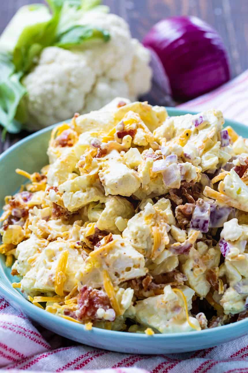Cauliflower and Bacon Salad in a bowl.