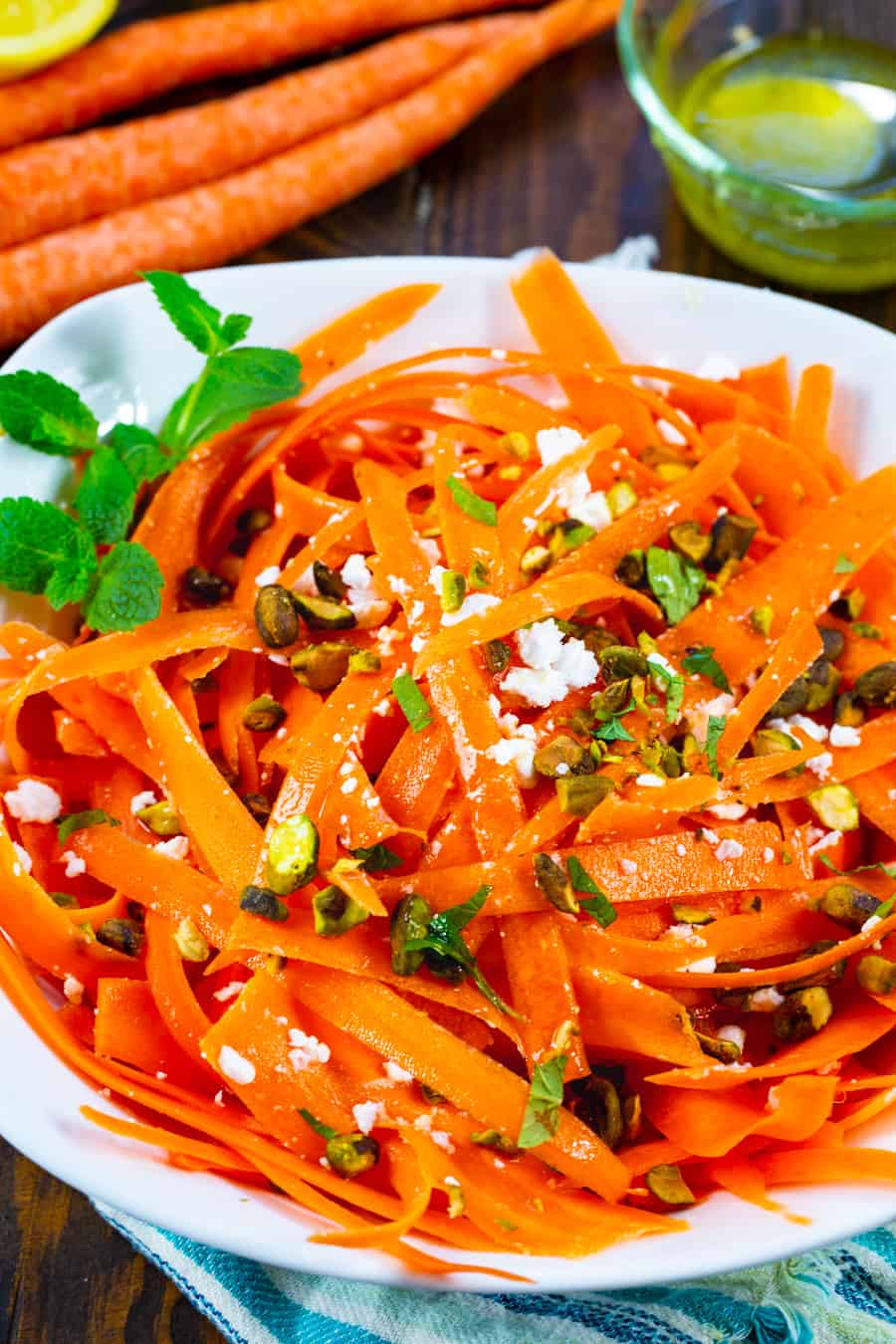 Carrot Feta Salad in a bowl with fresh mint.