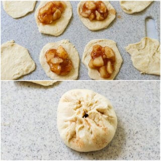 Apple pie filling placed on each biscuit.