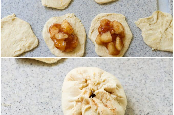 Apple pie filling placed on each biscuit.