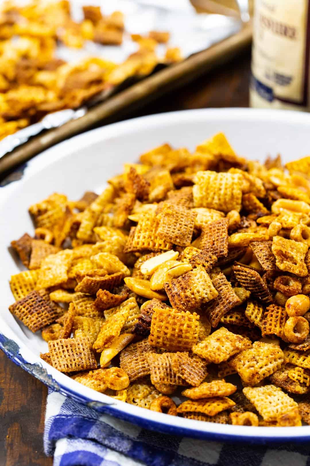 Air fryer Chex Mix in a serving dish.