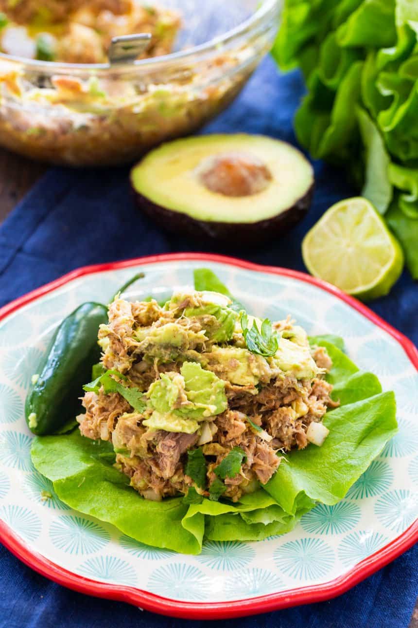 Mexican Tuna Salad served on a bed of lettuce leaves.