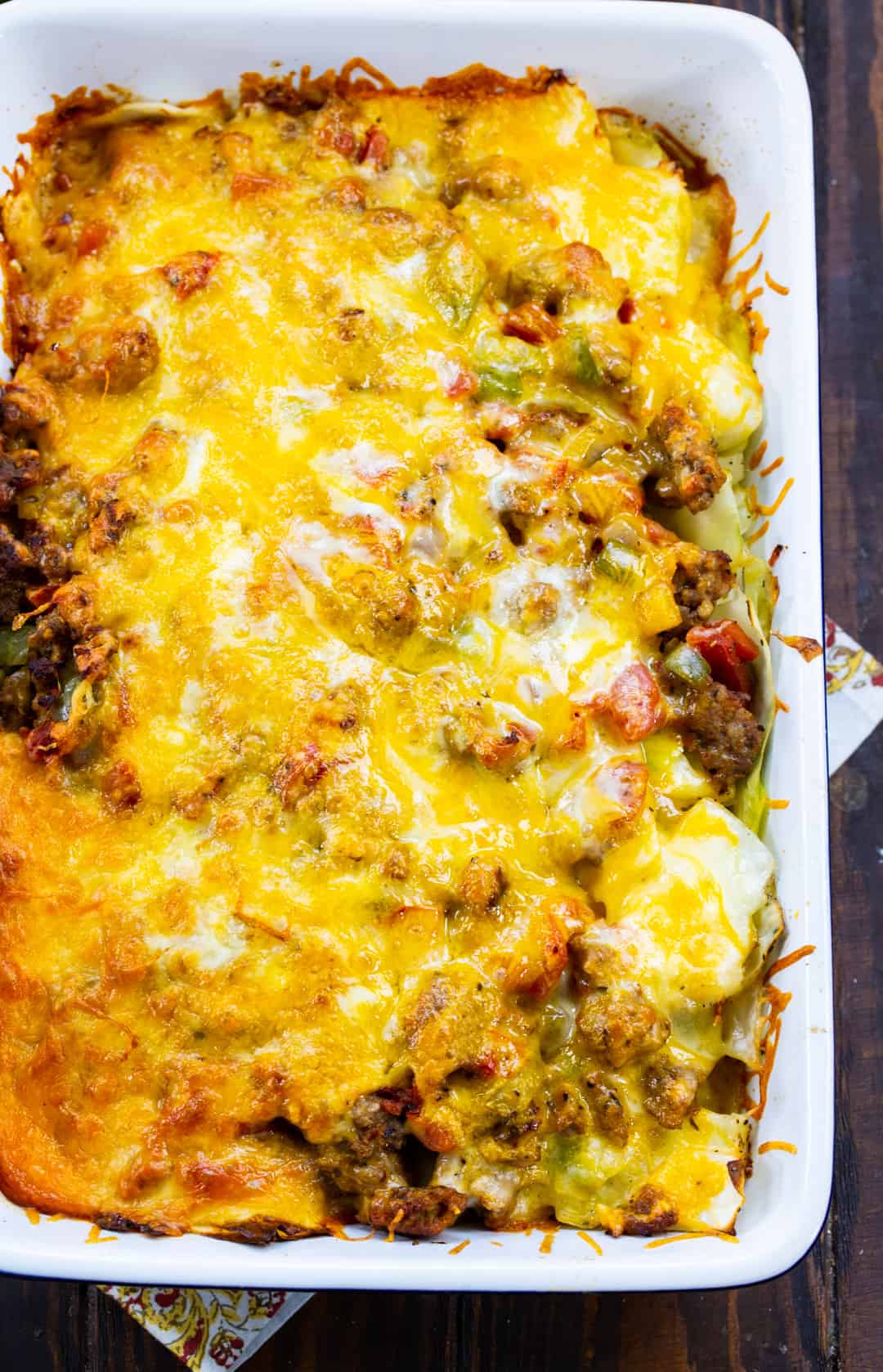 Sausage Cabbage Casserole in a baking dish.