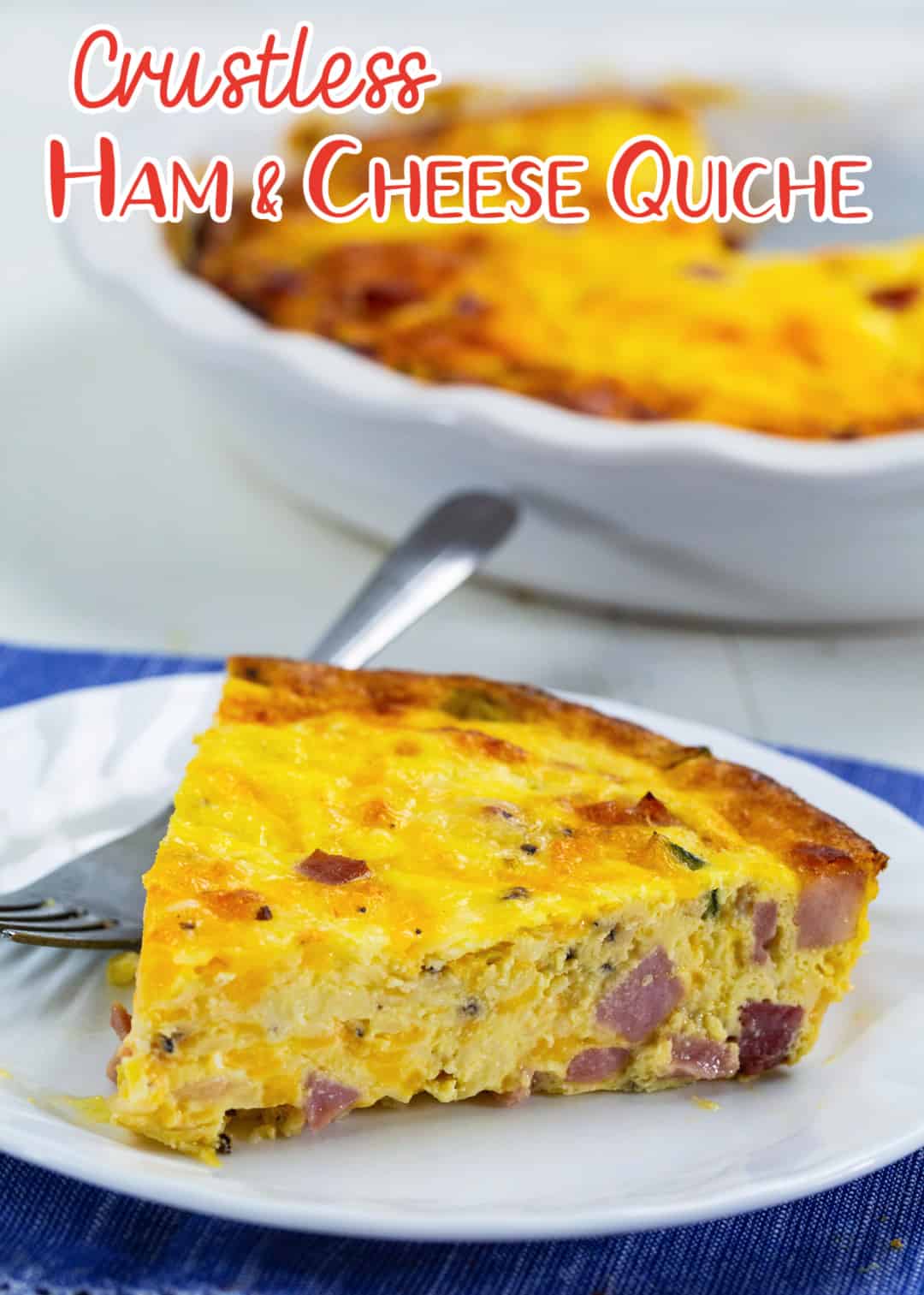 Slice of Crustless Ham and Cheese Quiche on a plate.