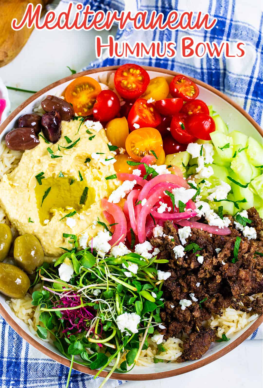 Mediterranean Hummus Bowls with Ground Beef over rice.