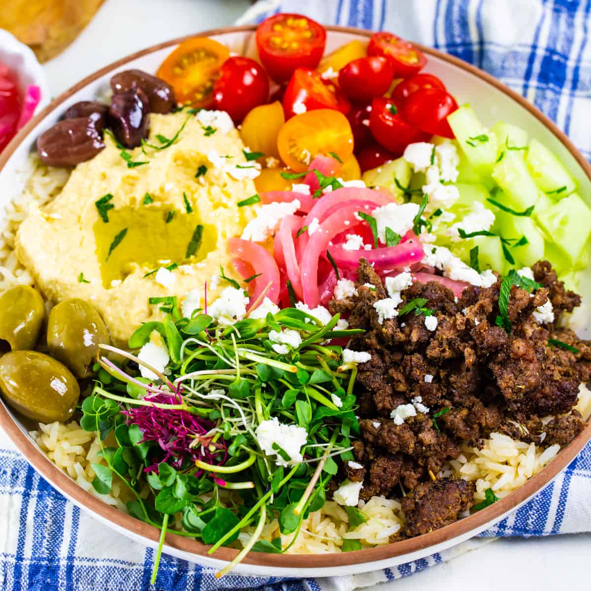  Mediterranean Hummus Bowls with Ground Beef in a serving bowl.