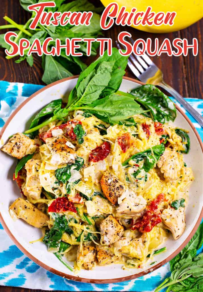 Tuscan Chicken Spaghetti Squash in a serving bowl with fresh basil.