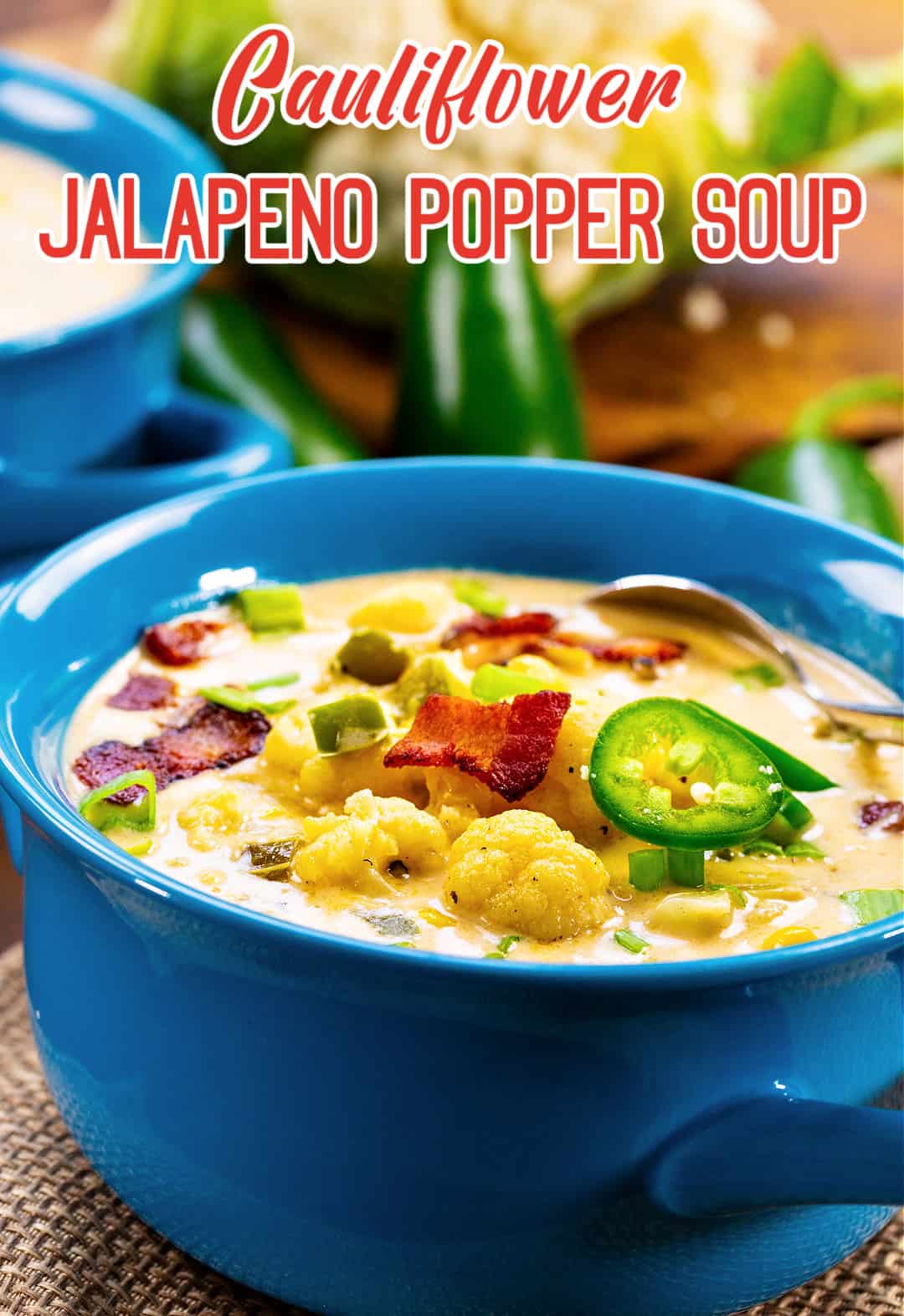 Cauliflower Jalapeno Popper Soup in blue bowl.