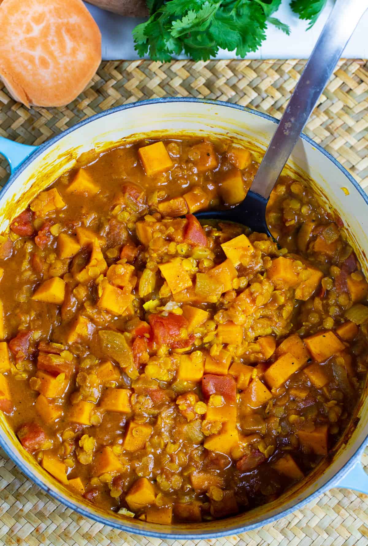 Sweet Potato and Lentil Curry in a Dutch oven.