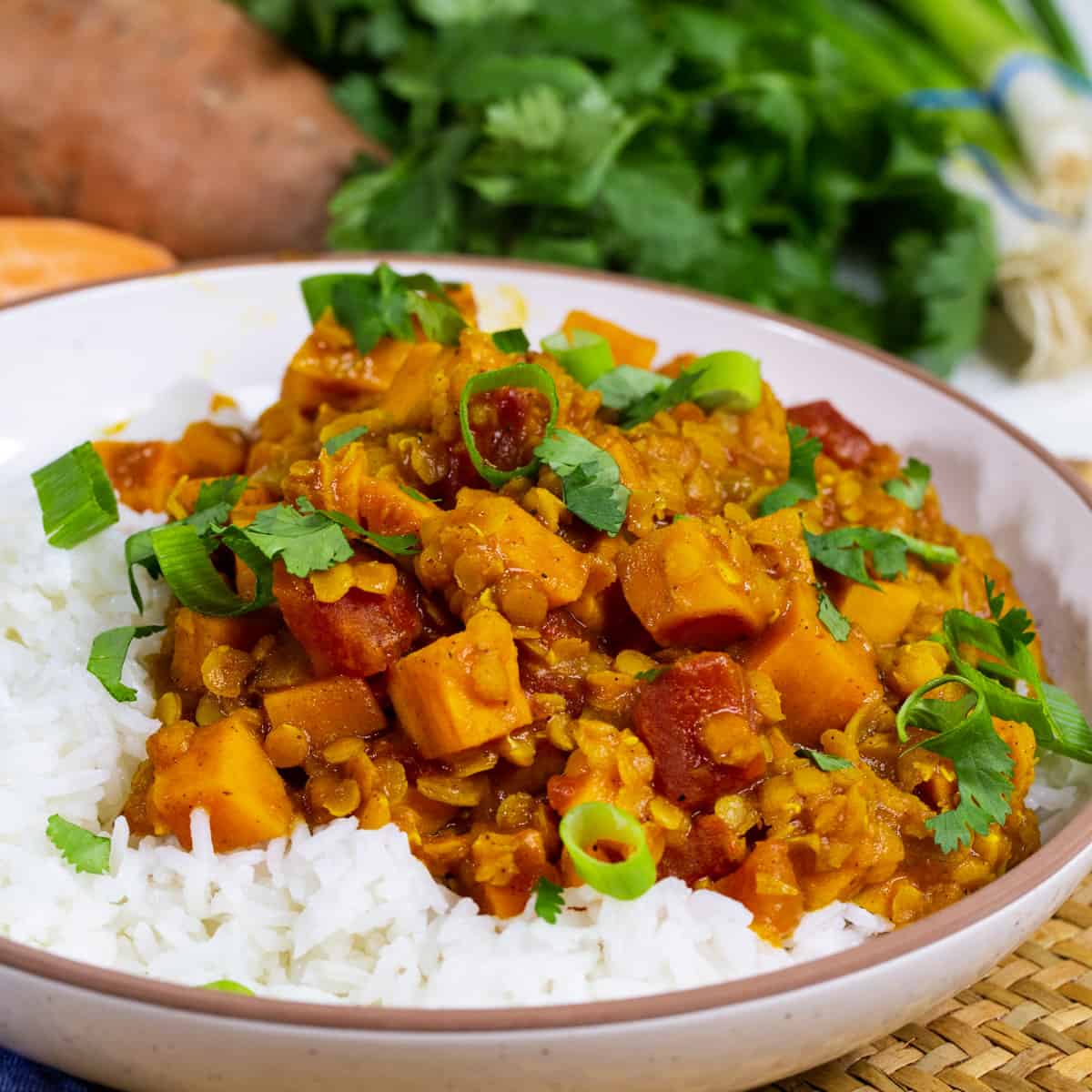 Sweet Potato and Lentil Curry over white rice.